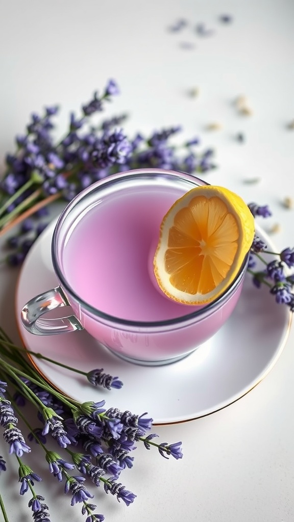 A cup of lavender honey tea with lavender sprigs and a slice of lemon on a saucer.